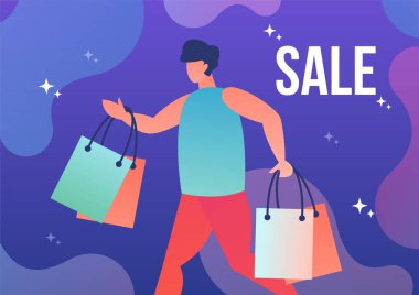 Alışveriş torbaları ve yazıt indirim ile koşan adam. Düz stil vektör çizim.