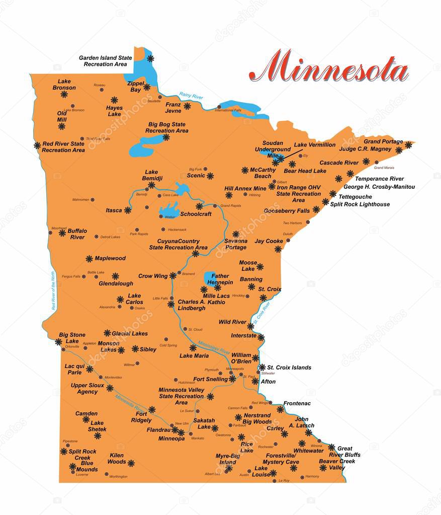 Illustration with detailed map of the state of Minnesota with national parks.