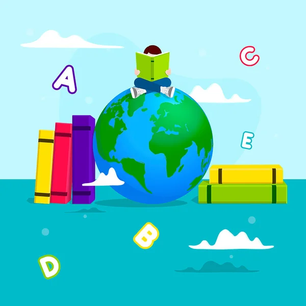 Okuma yazma günü vektörü, Dünya gezegeninde oturan öğrenci...