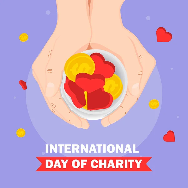 Elleri, paraları ve kalpleri olan sadaka günü vektörü