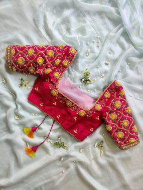 Sari giymiş kadınlar için eşsiz tasarımcı bluzları.