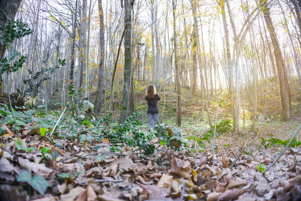 Young woman, standing alone in forest at sunset.