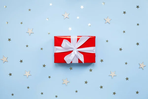 Present Holiday Concept Gift Box Top View Copy Space Blue — Stock Photo, Image