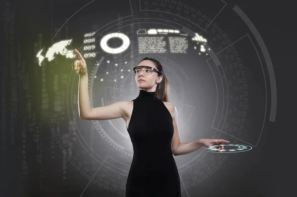 Woman touching the virtual future interface — Stock Photo, Image