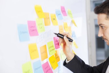 Yaratıcı adam fikir paylaşmak için post-it notları kullanın