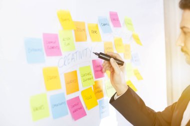 Yaratıcı adam fikir paylaşmak için post-it notları kullanın