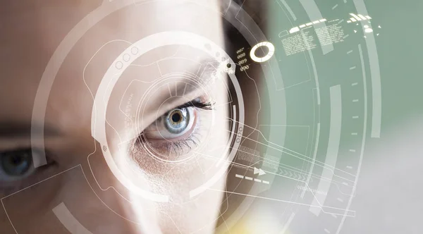 Concepto de reconocimiento de iris. Ordenador inteligente portátil compatible con los ojos — Foto de Stock