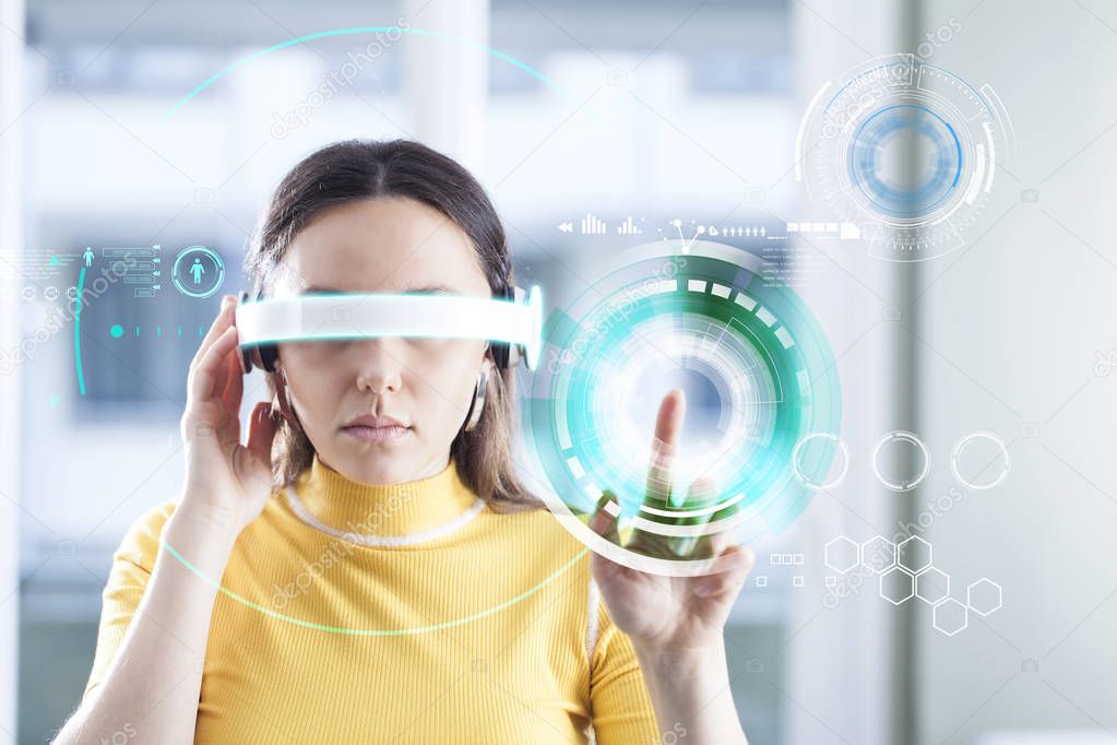Woman touching the virtual future interface