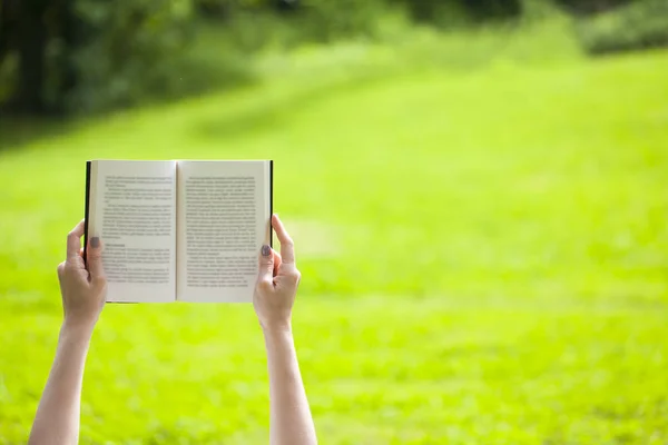 Hände heben ein Buch empor, um es zu lesen — Stockfoto