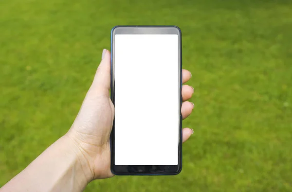 Hand hålla blank skärm smart telefon i parken — Stockfoto