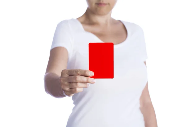 Young woman holding red card on white background — Stock Photo, Image