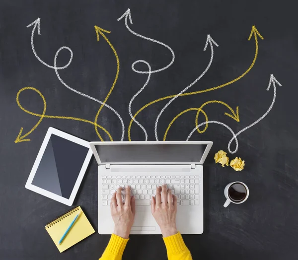 Directly above of a business woman's hand using laptop — Stock Photo, Image