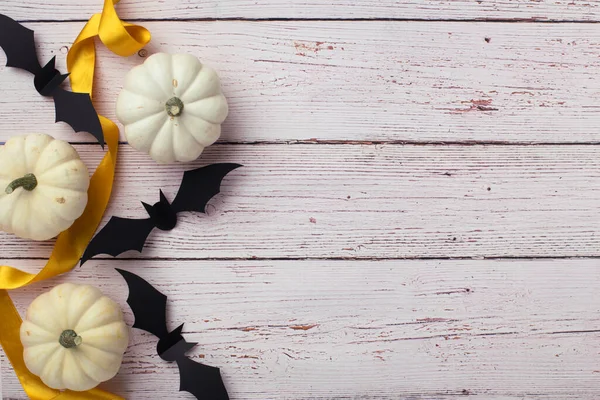 Buon Concetto Festa Halloween Decorazioni Halloween Zucche Pipistrelli Sfondo Legno — Foto Stock
