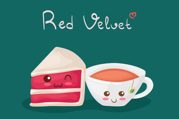 Kawaii Red Velvet Cake Cup Tea Vector Characters Isolated White — Stock Vector
