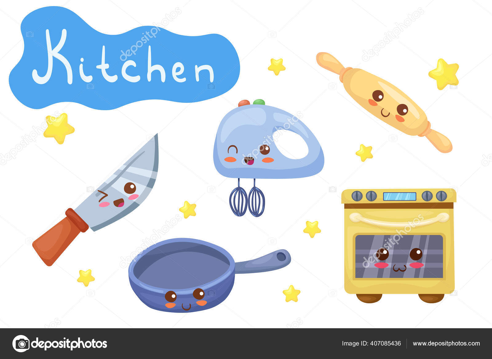 Kawaii Kitchen Utensils Vector Characters Funny Smiling Knife Mixer Rolling  Stock Vector Image by ©vlpekar #407085436