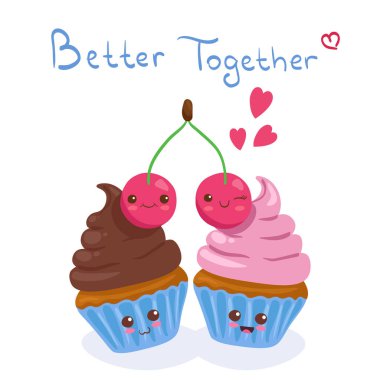 Beyaz arkaplanda izole edilmiş kiraz vektör karakterli Kawaii Cupcakes. Komik gülümseyen tatlı. Harfli şirin yemek maskotu çizimi. Kart, davetiye, kumaş baskısı, menü dekorasyonu.