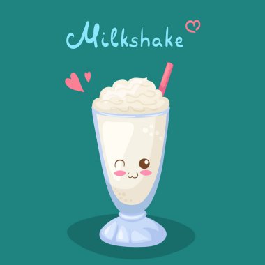 Kawaii Milkshake vektör karakteri koyu arkaplanda izole edildi. Köpüklü, gülümseyen tatlı süt içeceği. Harfli şirin yemek maskotu çizimi. Kafe menüsü, tebrik kartı, kumaş baskı tasarımı.