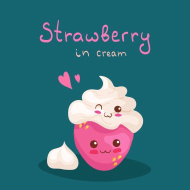 Krem şanti vektör karakterli Kawaii Strawberry koyu arka planda izole. Komik gülümseyen tatlı. Harfli şirin yemek maskotu çizimi. Menü, tebrik kartı dekorasyonu.