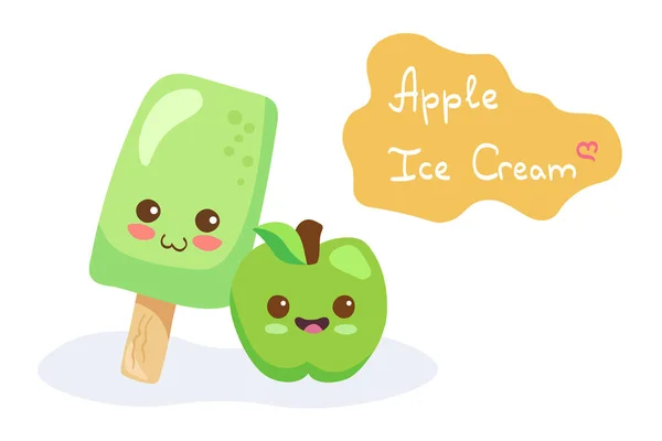 Kawaii Green Apple Zmrzlina Ovocný Vektor Znaky Izolované Bílém Pozadí — Stockový vektor