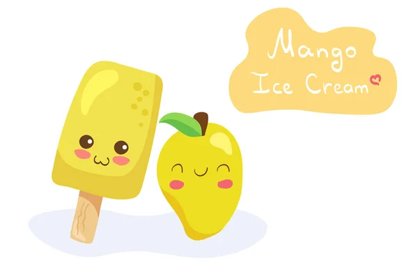 Kawaii Mango Ice Cream Fruit Χαρακτήρες Διάνυσμα Απομονώνονται Λευκό Φόντο — Διανυσματικό Αρχείο