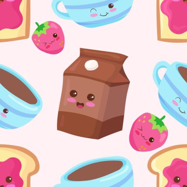 Kawaii, kahvaltı karakterleri çizgi filminde kusursuz desen çiziyor. Gülen çikolatalı süt paketi, bir fincan çay ve çilekli reçelli ekmek. Açık renkli şirin çocuk yiyeceği çizimi.