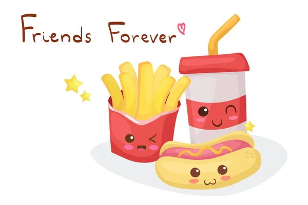 Kawaii Χαμογελώντας Γαλλικές Πατάτες Hot Dog Soda Χαρακτήρες Κόμικ Διάνυσμα — Διανυσματικό Αρχείο