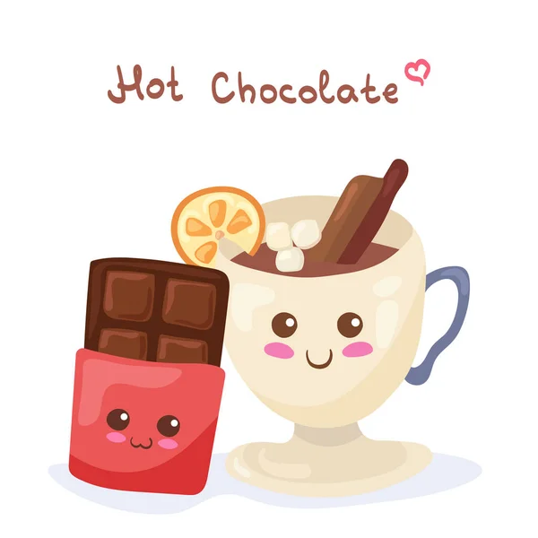 Kawaii Vector Illustration Hot Chocolate Cinnamon Marshmallows Isolated White Background — Stock Vector