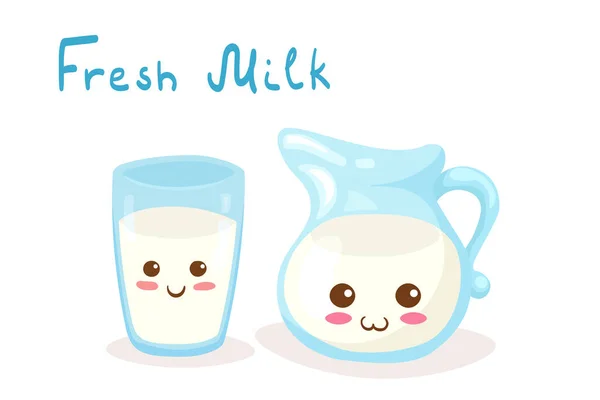 Kawaii Vektor Illusztrációja Fresh Milk Glass Jug Elszigetelt Fehér Háttérrel — Stock Vector