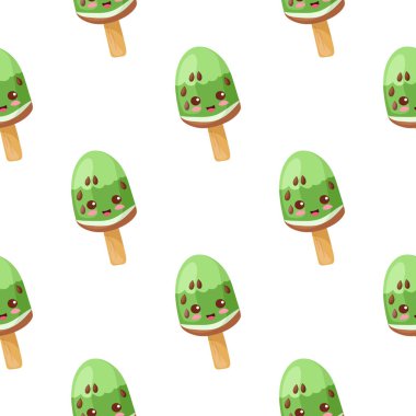 Kawaii parlak yeşil kivi dondurmalı kusursuz vektör deseni. Şirin yemek karakterleri resimli ambalaj kağıdı, kartpostal, tekstil baskısı, arka plan desen dekorasyonu. Egzotik tropikal meyveler.