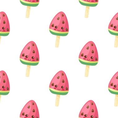 Pembe karpuzlu dondurmalı kusursuz vektör deseni. Şirin yemek karakterleri resimli ambalaj kağıdı, kartpostal, tekstil, arka plan dokusu, yemek salonu dekorasyonu. Ev yapımı sağlıklı tatlı..