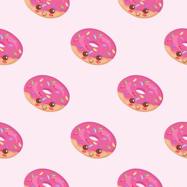 Kawaii pembe çörekleriyle kusursuz vektör deseni. Fast food ambalaj kağıdı, kartpostal, tekstil, arkaplan dokusu, şekerleme, fırın, kafe dekorasyonu için sevimli yemek karakterleri çizimi.