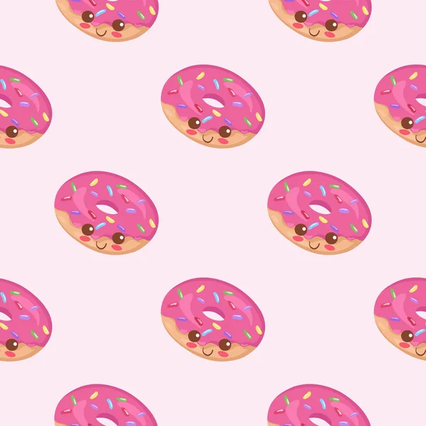 Naadloze Vector Patroon Met Kawaii Roze Donuts Leuke Food Karakters — Stockvector