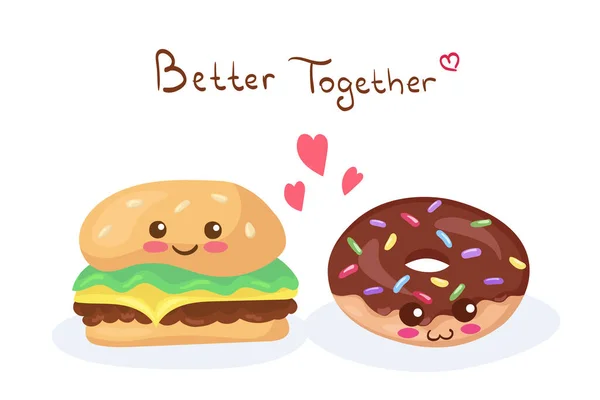 Smiling Funny Burger Doughnut Lettering Vector Kawaii Fast Food Illustration — Stock Vector