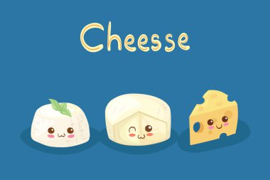Kawaii vektör çizimi ve mutlu komik peynir karakterleri. Sevimli kremalı İtalyan Ricotta, Yuvarlak ve Sarı Peynirler. Elle çizilmiş harflerle çocuk menüsü. Gülümseyen sağlıklı süt ürünleri.