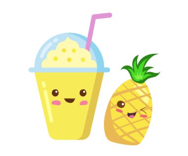 Plastik bardakta, köpüklü tatlı buzlu meyve suyu. Vektör Kawaii beyaz arka planda izole edilmiş şirin çizgi film tarzında illüstrasyon içiyor. Mutlu, komik gülümseyen ananas kokteyli. Çocuk menüsü tasarımı