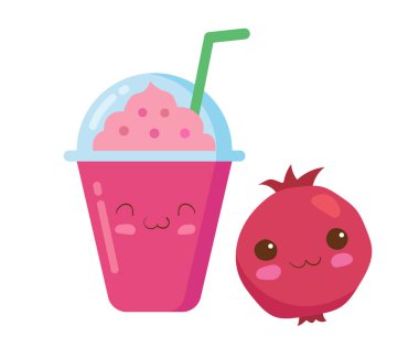 Plastik bardakta bol köpüklü buzlu meyve püresi. Vektör Kawaii beyaz arka planda izole edilmiş şirin çizgi film tarzında illüstrasyon içiyor. Mutlu, komik ve gülümseyen nar meyve püresi.