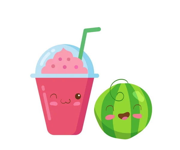 Ice Fruit Smoothie Character Műanyag Pohárban Gazdag Habbal Vector Kawaii — Stock Vector