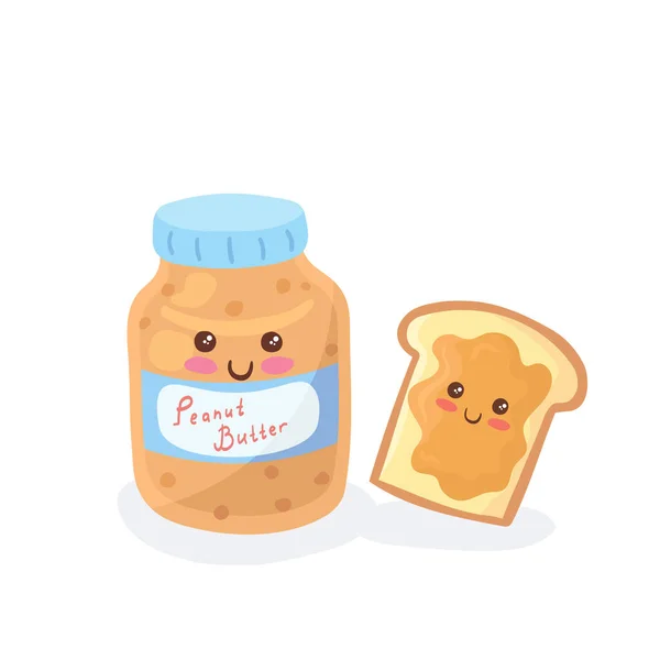 Kawaii Chocolate Manteiga Amendoim Spread Jar Happy Loaf White Bread — Vetor de Stock