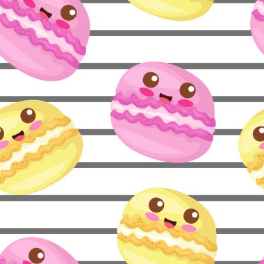 Kawaii pembe ve sarı badem kurabiyeli kusursuz vektör deseni. Ambalaj kağıdı, kartpostal, geçmiş, şekerleme, fırın dekorasyonu için sevimli yemek karakterleri çizimi. Sevilen tatlı Fransız tatlısı..