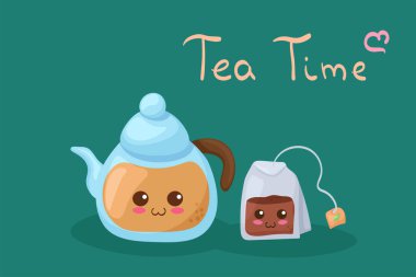 Teapot & Teabag karakterlerinin beyaz üzerine izole edilmiş Kawaii vektör çizimi. Harflerle Çay Saati komik bir kavram. Çocuk menüsü, tişört baskısı, kafe dekorasyonu, poster..