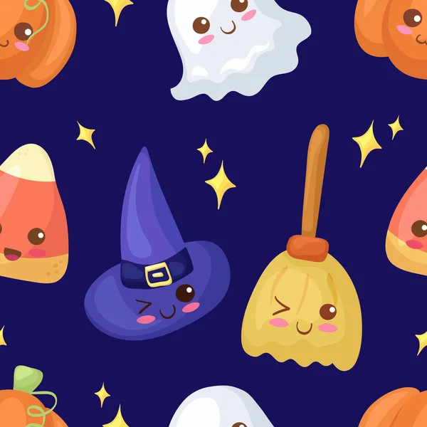 Modèle Vectoriel Sans Couture Avec Des Personnages Halloween Kawaii Illustration — Image vectorielle