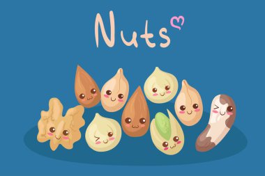 Karışık fındıklı Kawaii vektör çizimi. Sevimli komik ve sağlıklı yemek karakterleri. Protein zengini atıştırmalık kavramı. Çocuk menüsü tasarımı. Gülümseyen badem, fıstık, ceviz, Brezilya fıstığı, fıstık, macadamia.