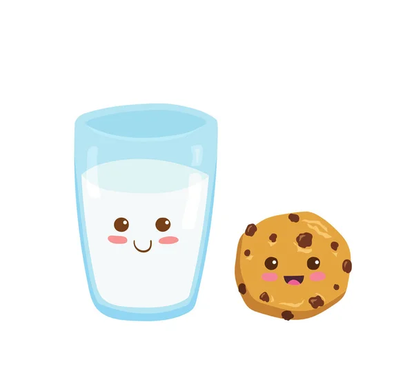 Milchglas Happy Cookie Mit Schokoladenchips Zeichentrickfiguren Vector Kawaii Drink Illustration — Stockvektor