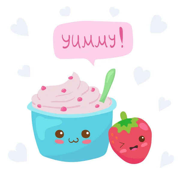 Kawaii Strawberry Yogurt Vector Carácter Aislado Sobre Fondo Blanco Yogur — Archivo Imágenes Vectoriales