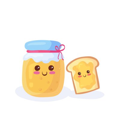 Dilimlenmiş ekmek vektörü illüstrasyonunda tatlı düz organik bal. Mutlu yüzlü ve gülümseyen bal kavanozu karakterli Kawaii sandviçi. Komik çocuk menüsü beyaz üzerine izole edilmiş renkli tasarım unsurları.