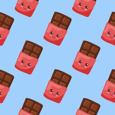 Kawaii vektörü Dark Chocolate çizgi film karakterleri. Açık mavi arkaplanda kusursuz desenlerle dizayn edilmiş şirin çizgi film tarzında yaz çizimleri. Sevimli şekerleme menüsü tasarımı, tişört baskısı.