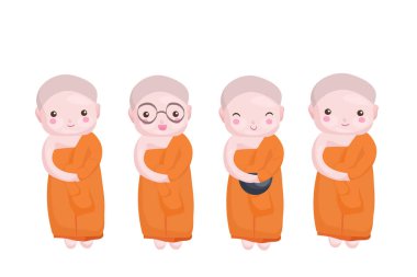 Turuncu cüppeli dört sevimli Taylandlı keşiş. Kawaii tarzı komik ve mutlu çaylaklar. Budist keşiş karakterleri tasarımı. Beyaz arka planda izole edilmiş komik çocukların vektör çizimi. Çocuk resimleri.