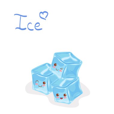 Beyaz arka planda izole edilmiş mavi buz küpleri karakterleri. Kawaii meyve suyu için komik, mutlu yemek maskotu ve el yazması harfler. Şirin çocuklar için kafe tasarımı öğesi. Kart ve yazdırma için vektör resmi.