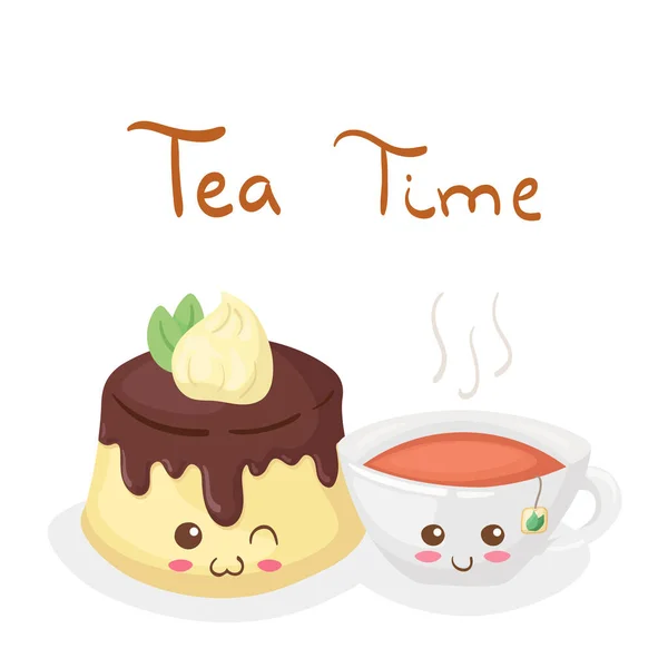 Kawaii Jelly Pudding Cup Tea Personajes Vectoriales Aislados Sobre Fondo — Vector de stock