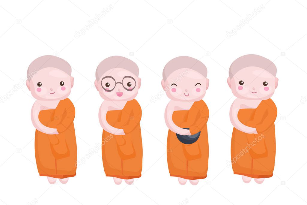Four cute Thai monks in orange robes. Kawaii style funny & happy novices. Buddhist monk characters design. Vector illustration of comic smiling boys isolated on white background. Kids illustration.